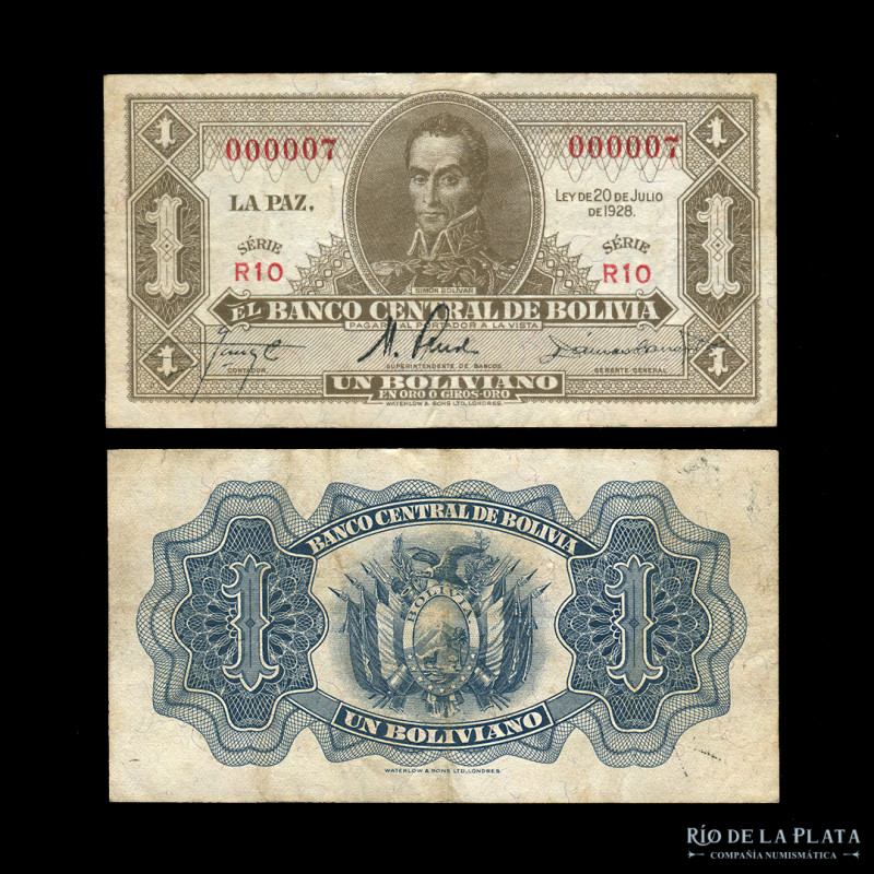 Bolivia. Banco Central. 1 Boliviano 1928. Serie R10 número bajo. Impresos en W&S...