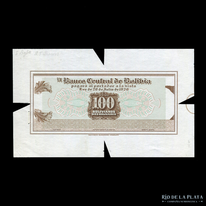 Bolivia. Banco Central. Prueba de color, diseño no emitido 100 Bolivianos 1928. ...