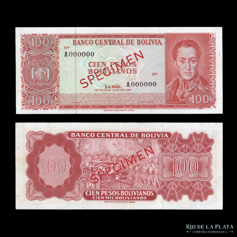 Bolivia. Banco Central. Specimen 100 Bolivianos 1962. Serie roja A. Impreso en T...