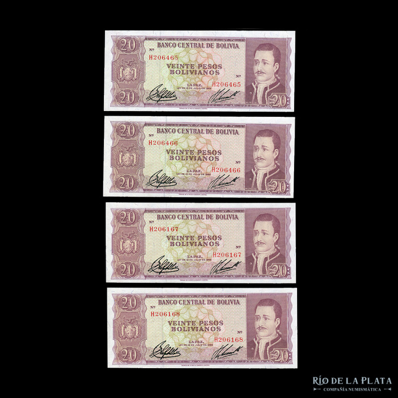 Bolivia. Banco Central. 4 x 20 Pesos Bolivianos 1962 correlativos. Impreso en TD...