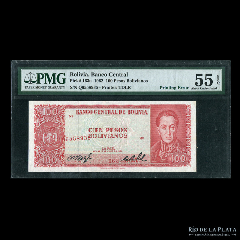 Bolivia. Banco Central. Error 100 Bolivianos 1962 numeración desalineada. Serie ...
