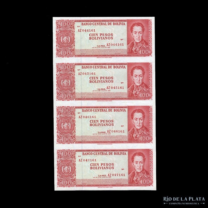 Bolivia. Banco Central. Plancha 4 x 100 Bolivianos 1962. Serie roja AZ. Impreso ...