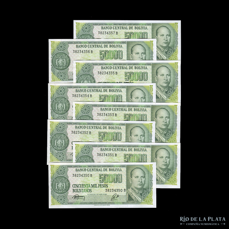 Bolivia. Banco Central. 16 x 50.000 Pesos Bolivianos 1984 correlativos. Serie B....