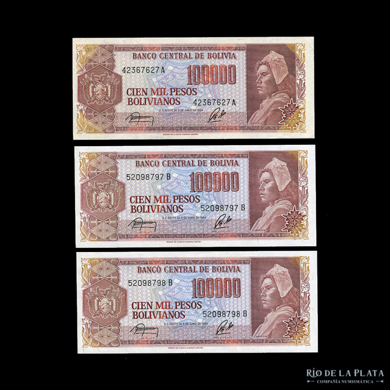 Bolivia. Banco Central. 3 x 100.000 Pesos Bolivianos 1984. Serie A y B. Pick 171...