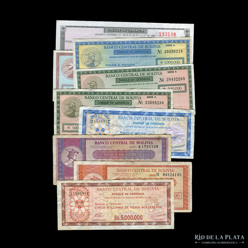 Bolivia. Banco Central. Cheque de Gerencia. Lot x 9 Cheques 1982-1986 dfferents....