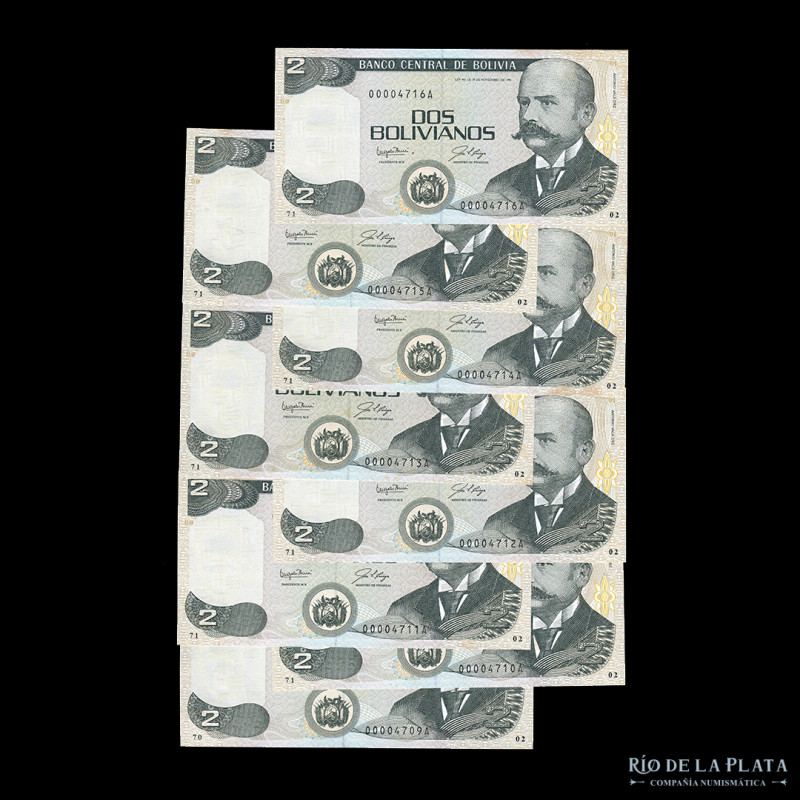 Bolivia. Banco Central. 8 x 2 Bolivianos 1987 correlativos. Serie A. Pick 202a (...