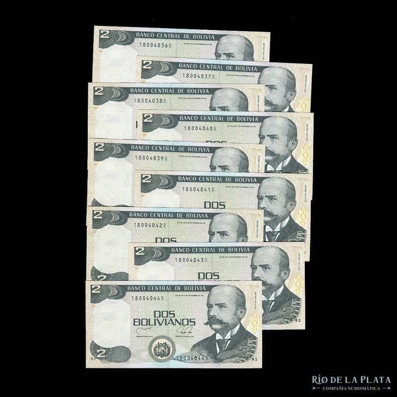Bolivia. Banco Central. 9 x 2 Bolivianos 1990 correlativos. Serie B. Pick 202b (...