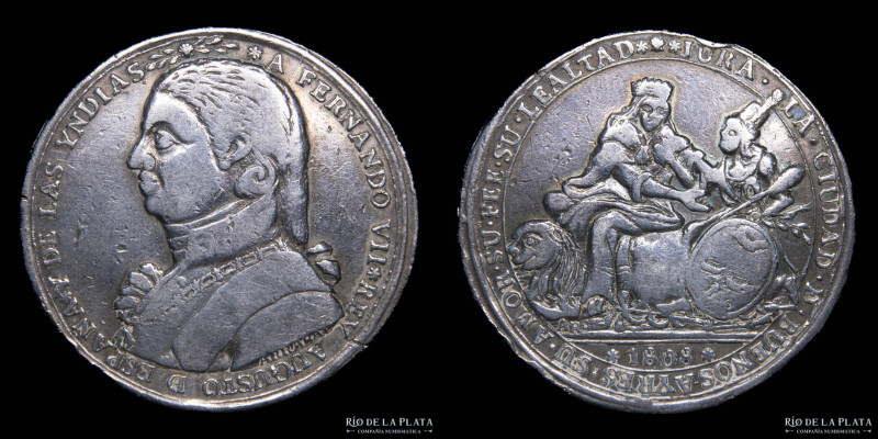 Buenos Aires. Fernando VII (1808-1833) 10 Reales 1808. Medalla de Proclama. Grab...