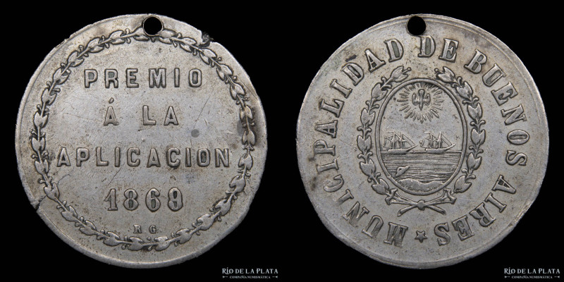 Argentina. 1869. Premio a la aplicación. Municipalidad de Buenos Aires. Grabador...