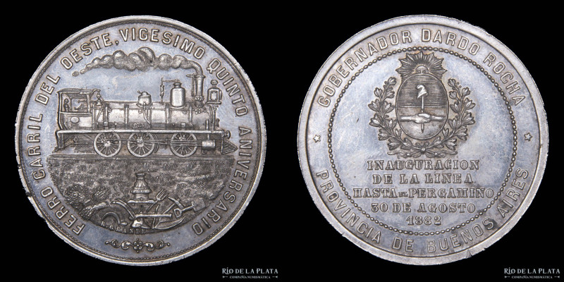 Buenos Aires. Ferrocarril Pergamino 1882. Grabador Rosario Grande. Plata; 40.5mm...