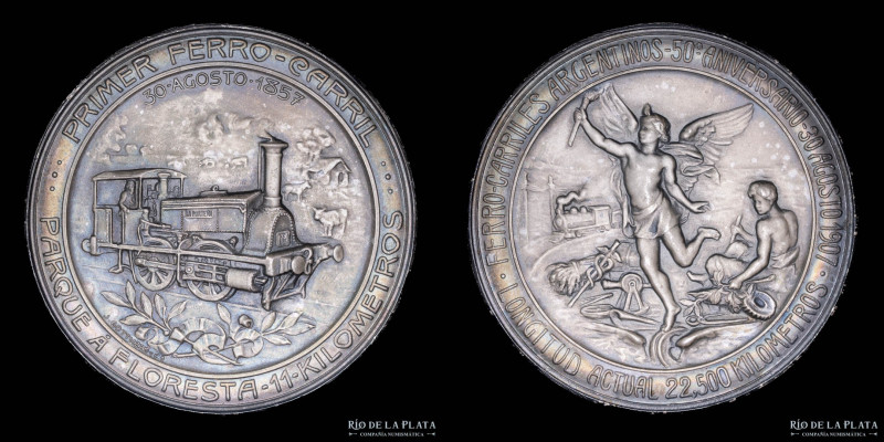 Argentina. Ferroviarias. 1907. FFCC Argentinos 50 Aniversario. Grabador: Gotuzzo...