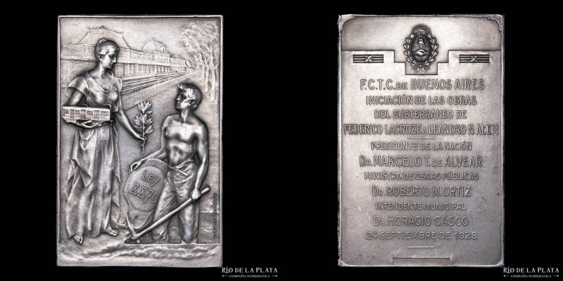 Argentina. Ferroviarias. 1928. Plaqueta. Inauguración de las Obras Subterraneo L...