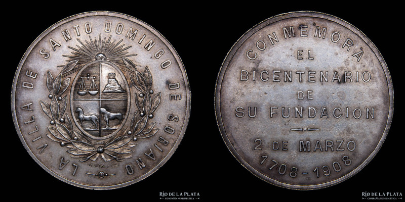 Uruguay. Bicentenario de la Villa de Santo Domingo Soriano 1708-1908. Metal plat...