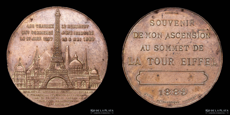 Francia. Token. Ascention to the top of the Eiffel tower. 1889. Copper; 42.0mm; ...