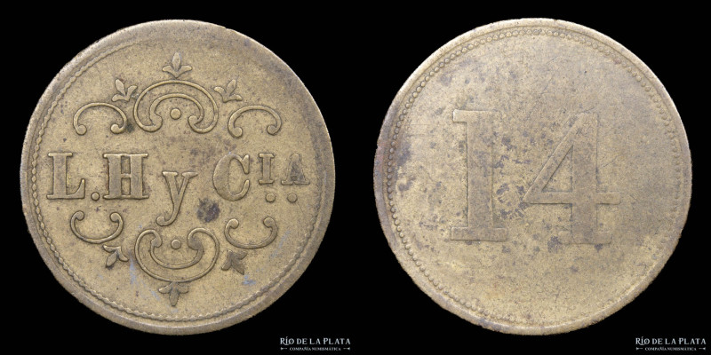 Argentina. Ficha. Jujuy. Ingenio LH y Co. Valor 14. Bronce; 22.0mm; 2.50g. (VF) ...
