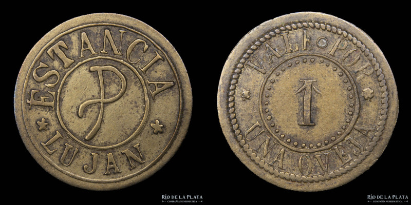 Argentina. Ficha. Estancia Lujan. Vale por una oveja. Bronce; 31.5mm; 1.8g. (VF)...