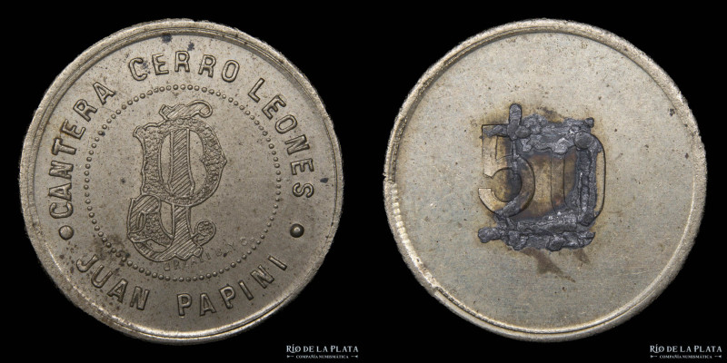 Argentina. Ficha. Cantera. Valor 50. Cerro Leones. Juan Papini. Grabador: Orzali...
