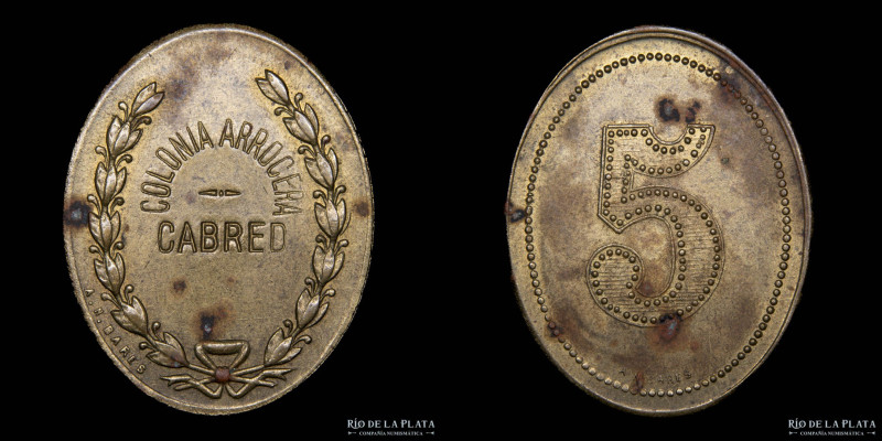 Argentina. Colonia Arrocera Cabred. 5 Pesos. Bronce; 36x29mm; 9.0g. Ovalada. (VF...