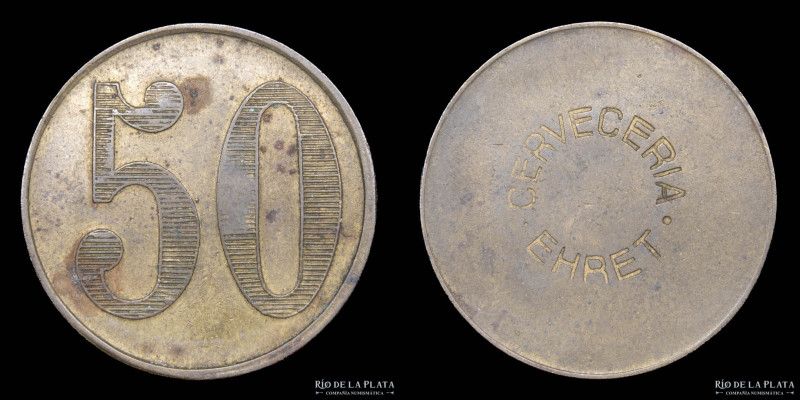 Argentina. Ficha. Valor 50. Cerveceria Ehret. Rosario. Bronce; 31mm; 7.89g. (XF)...