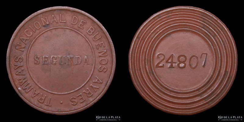 Argentina. Ficha. Tramway Buenos Ayres. Segunda. Anv: "TRAMWAYS NACIOAL DE BUENO...