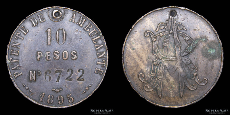 Argentina. Patente de Ambulante 10 Pesos 1895. CU; 37.5mm; 18.31g. Burzio 253 (X...