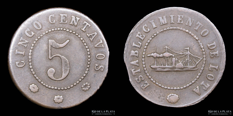 Chile. Ficha. 5 Centavos. Establecimiento de Lota. CU; 23mm; 3.38g. (VF) Existen...