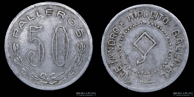 Uruguay. Ficha. Valor 50 . Alejandro e Hipolito Gallinal. Palleros. AL; 32mm; 2....