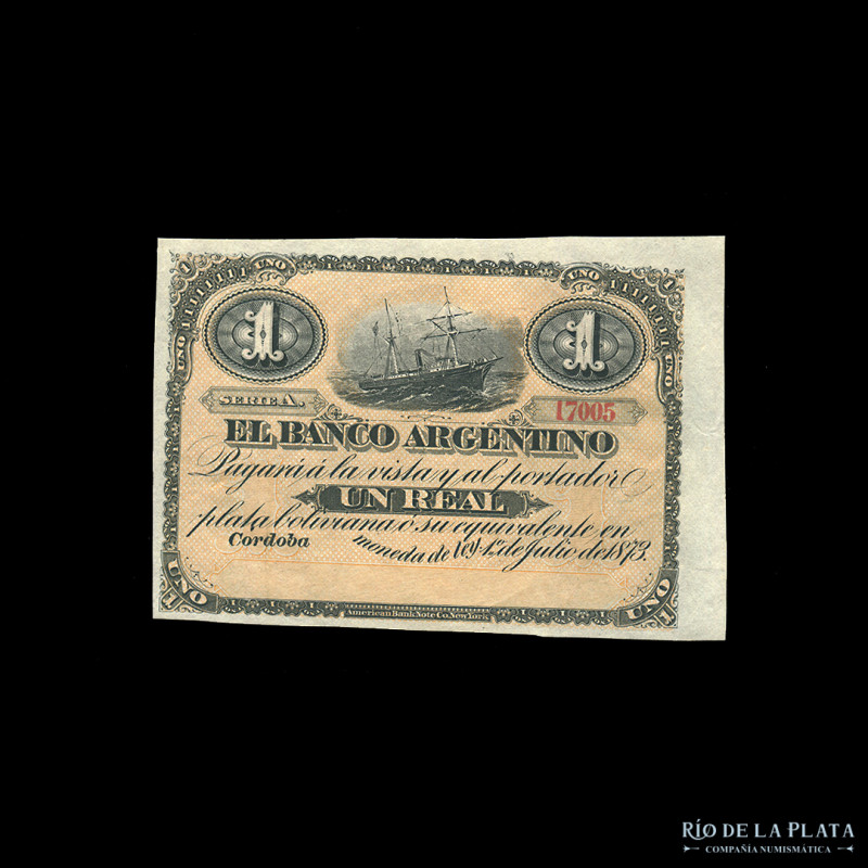 Argentina. Córdoba. El Banco Argentino. 1 Real Plata Boliviana 1873 Remainder. B...