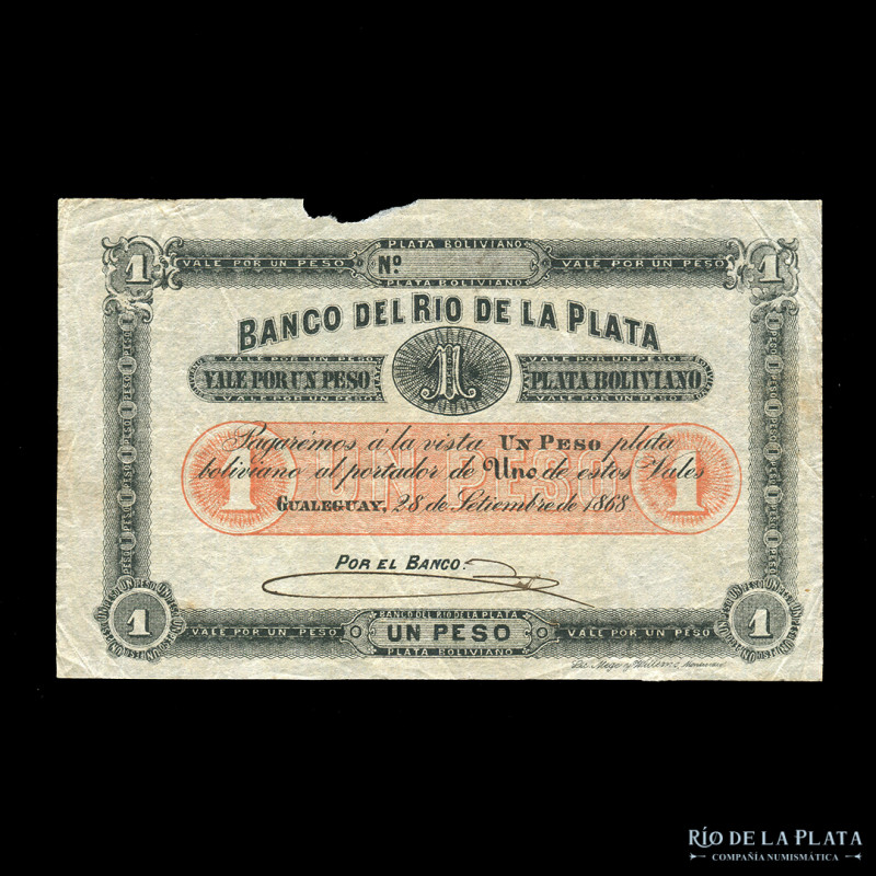 Argentina. Entre Ríos. Banco del Río de la Plata. 1 Peso Plata Boliviana 1868. B...