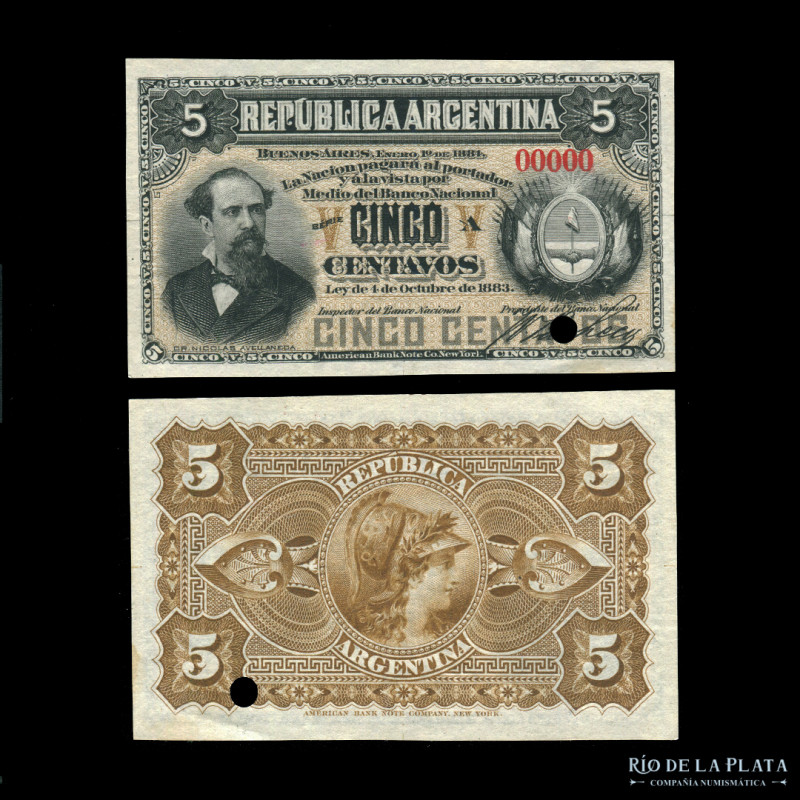Argentina. Fraccionarios. Specimen 5 Centavos 1884 (Avellaneda) Bauman BN-175s; ...