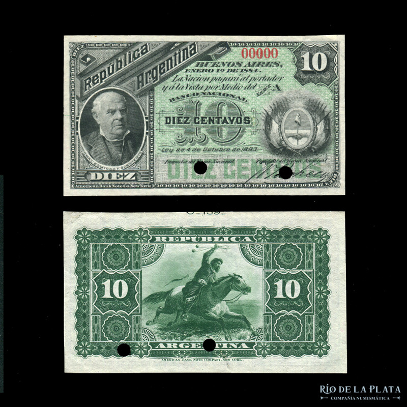Argentina. Fraccionarios. Specimen 10 Centavos 1884 (Sarmiento) Bauman BN-176s; ...