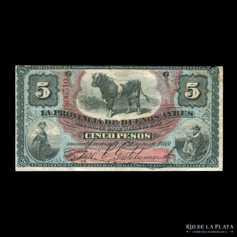 Argentina. Provincia de Buenos Aires. 5 Pesos 1869 (ND 1877-1883). Firma Impresa...