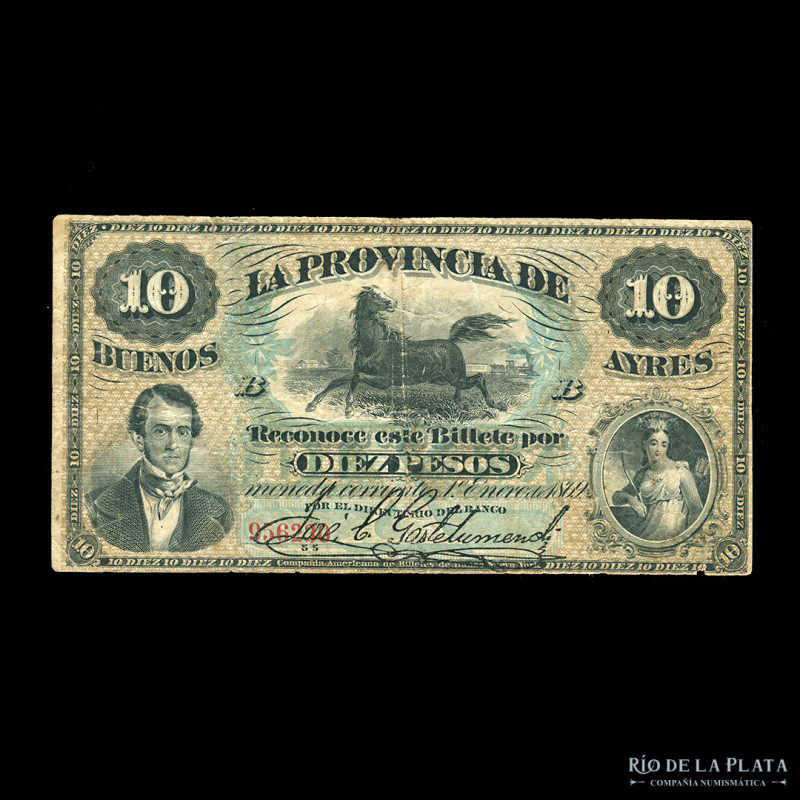 Argentina. Provincia de Buenos Aires. 10 Pesos 1869 (ND 1877-1883). Impreso en A...