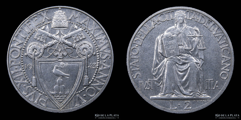 Papal States. Pius XII (1939-1958) 2 Lire 1943. AL-AE; 29.0mm; 9.99g. KM36 (XF)...