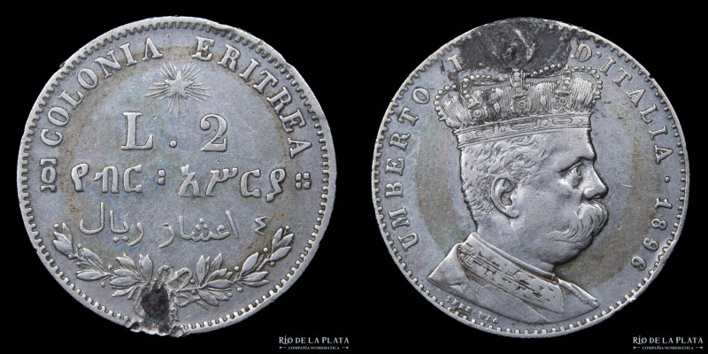 Italian Eritrea. Umberto I (1878-1900) 2 Lire 1890. Roma mint, Engraver: Filippo...