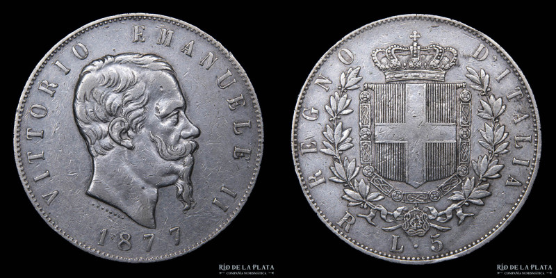 Italy (Kingdom) Vittorio Emanuele II (1861-1878) 5 Lire 1877 R. Rome mint. AG.90...