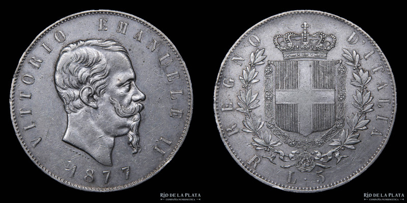 Italy (Kingdom) Vittorio Emanuele II (1861-1878) 5 Lire 1877 R. Rome mint. AG.90...