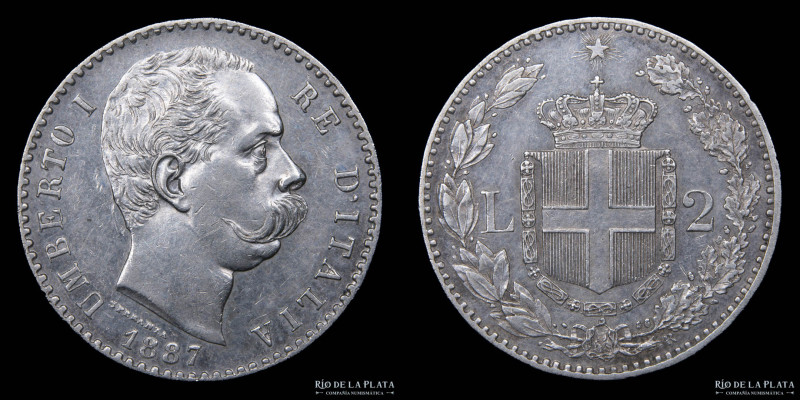 Italy (Kingdom) Umberto I (1878-1900) 2 Lire 1887 R. Roma mint. AG.900; 27.0mm; ...