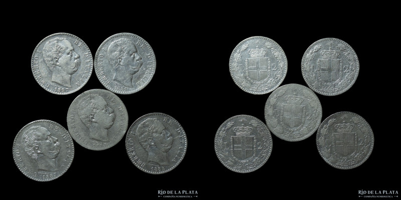 Italy (Kingdom) Umberto I (1878-1900) 5 x 2 Lire 1881-1887. 49.43g of silver. KM...
