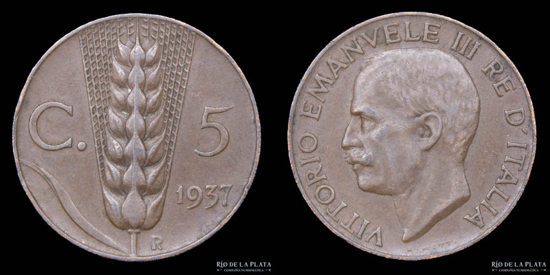 Italy. V. Emanuele III. 5 Centessimi 1937 R. CU; 19.0mm; 3.21g. KM59 (XF)
Estim...