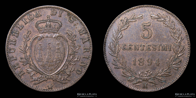 San Marino (Republic) 5 Centesimi 1894 R. CU; 25.0mm; 4.90g. Roma mint. KM1 (aUN...
