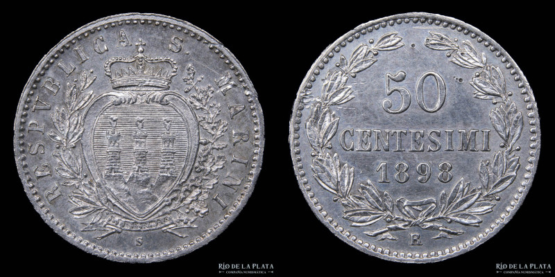 San Marino (Republic) 50 Centesimi 1898. AG.835; 18.0mm; 2.50g. Rome mint, only ...
