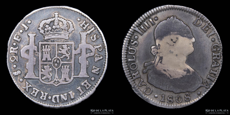 Santiago (Chile) Carlos IV (1789-1808) 2 Reales 1808 FJ. AG.896; 27.5mm; 6.48g K...