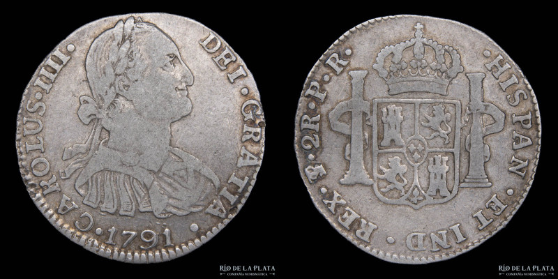 Potosí. Carlos IV (1789-1808) 2 Reales 1791 PR. Primer año con busto oficial. Es...