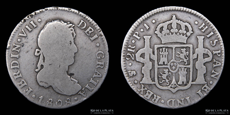Potosí. Fernando VII (1808-1833) 2 Reales 1808 PJ. AG.896; 26.5mm; 6.45g. (Ensay...
