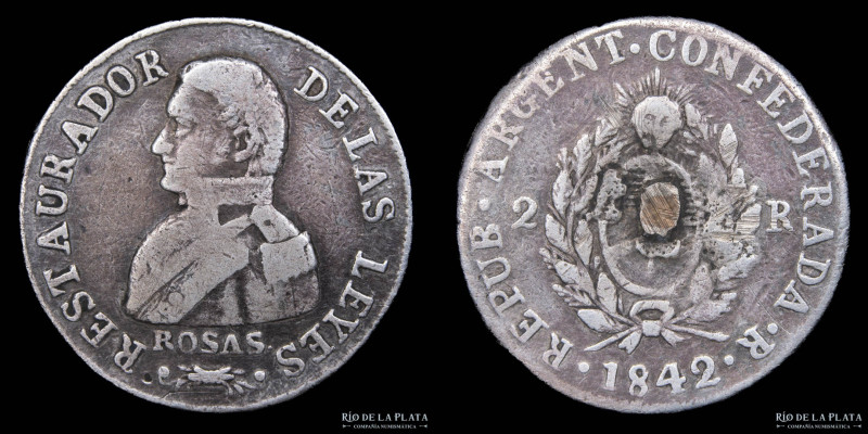 Argentina. Provincia de la Rioja. 2 Reales 1842 R Busto del Gral. Rosas. AG.875;...