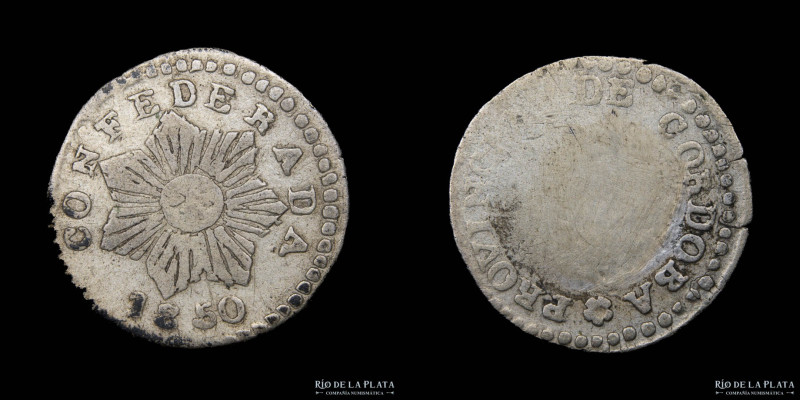 Argentina. Córdoba. 1/2 Real 1850. AG.750, 14.5mm; 1.5g. Sol de 7 puntas, letras...