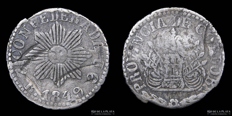 Argentina. Córdoba. 2 Reales 1849. AG.750; 23.5mm; 5.33g. CJ 57; KM 28 (F+) Daño...
