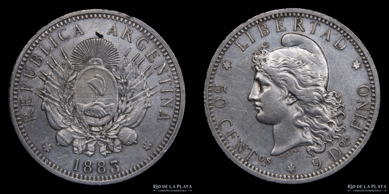 Argentina. 50 Centavos 1883. 1/2 Patacón. AG.900, 30.1mm; 12.50g. Buenos Aires m...