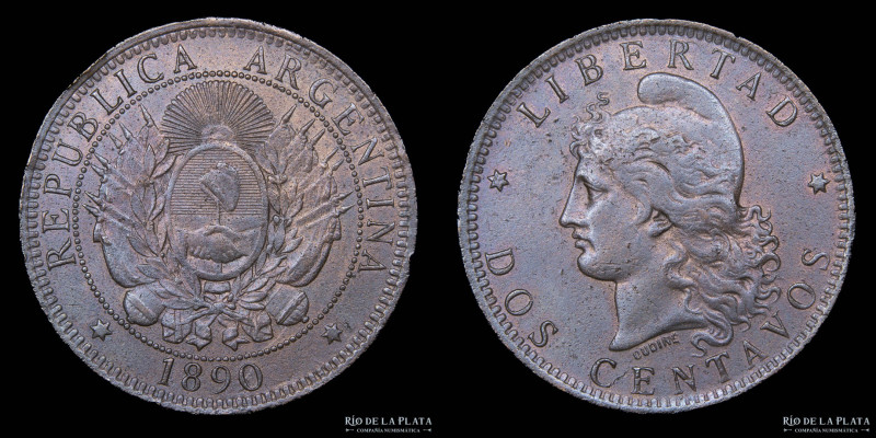 Argentina. 2 Centavos 1890. Buenos Aires mint. CU; 30.0mm; 10.00g. CJ 31; KM33. ...